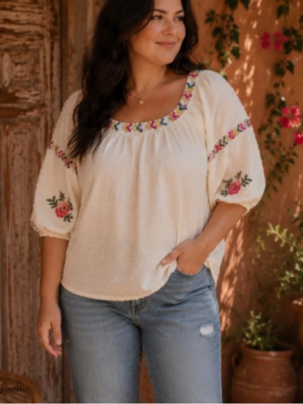 SOLITAIRE Women’s Cream Floral Embroidered Peasant Dot Top